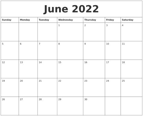 Blank June 2022 Calendar Editable